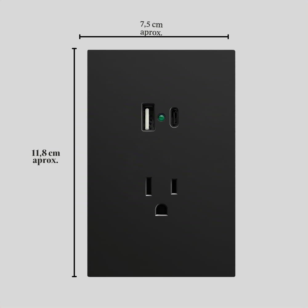 Placa Luxury APL-607 Artlite, Contacto y 2 Salidas USB (Tipo A y Tipo C), Policarbonato + Hierro Galvanizado, 15A, Color Negro, Materiales de Alta Calidad, Skin Feel