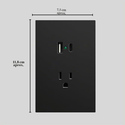 Placa Luxury APL-607 Artlite, Contacto y 2 Salidas USB (Tipo A y Tipo C), Policarbonato + Hierro Galvanizado, 15A, Color Negro, Materiales de Alta Calidad, Skin Feel