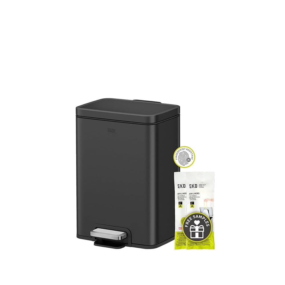 EKO Madison - cubeta de basura para baño de 6 litros/1.6 galones con tapa y cesta interior extraíble, cubeta de basura rectangular de pequeño paso, acero inoxidable cepillado