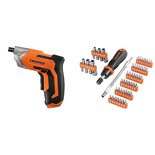 Truper DESI-36, Destornillador inalámbrico 3.6 V, profesional + Truper JDM-58, Juego de desarmador tipo matraca, 56 piezas