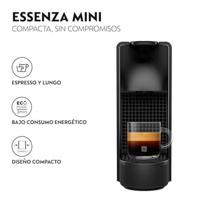 Nespresso Cafetera Essenza Mini Negra con Espumador + 7 Cápsulas | Incluye 12 Cápsulas de regalo y Espumador de leche