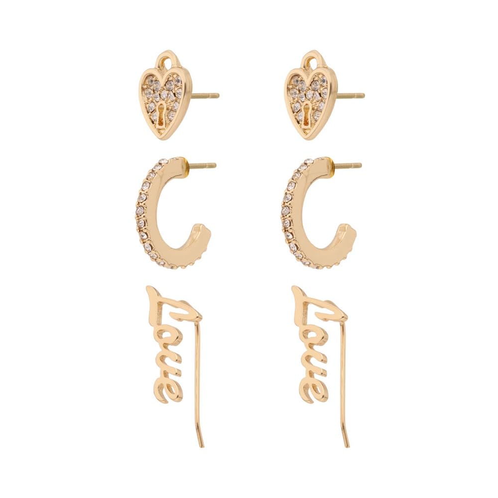 Nine West Set 3 Aretes Color Dorado Love Charms En Forma Varias De Terminado Brillante para Mujer