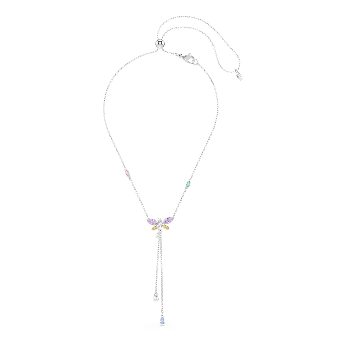 Swarovski x Ariana Grande Colección Oficial de Libélula Motif Jewelry Collection, Broche, Collar con colgante, arete, piedras multicolores de corte mixto, acabado rodio