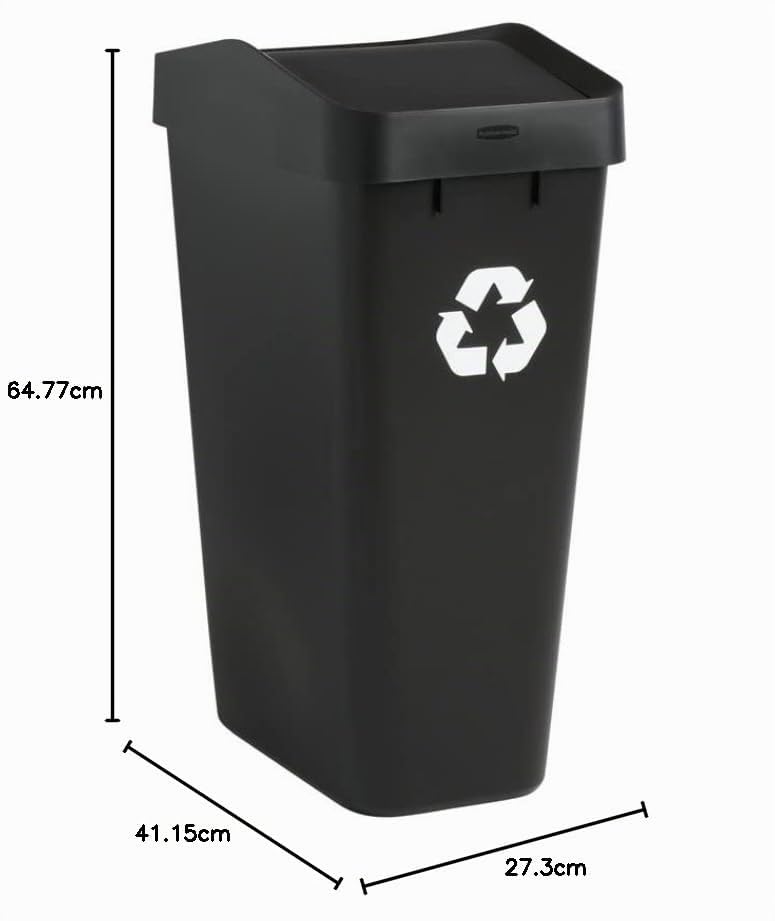 Rubbermaid – Contenedor de Reciclaje con Tapa Abatible que Facilita Clasificar los Residuos, Bote de Perfil Delgado para Cocina, Lavandería y Despensa, Capacidad de hasta 46 L, Negro 2170114