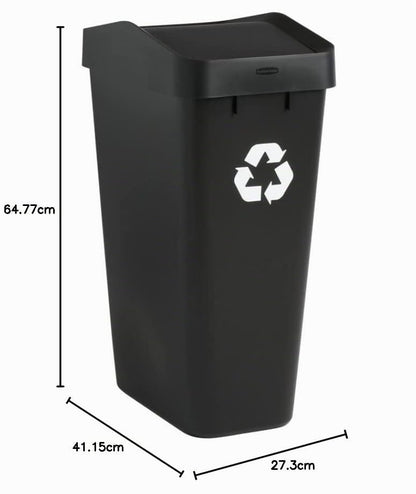 Rubbermaid – Contenedor de Reciclaje con Tapa Abatible que Facilita Clasificar los Residuos, Bote de Perfil Delgado para Cocina, Lavandería y Despensa, Capacidad de hasta 46 L, Negro 2170114