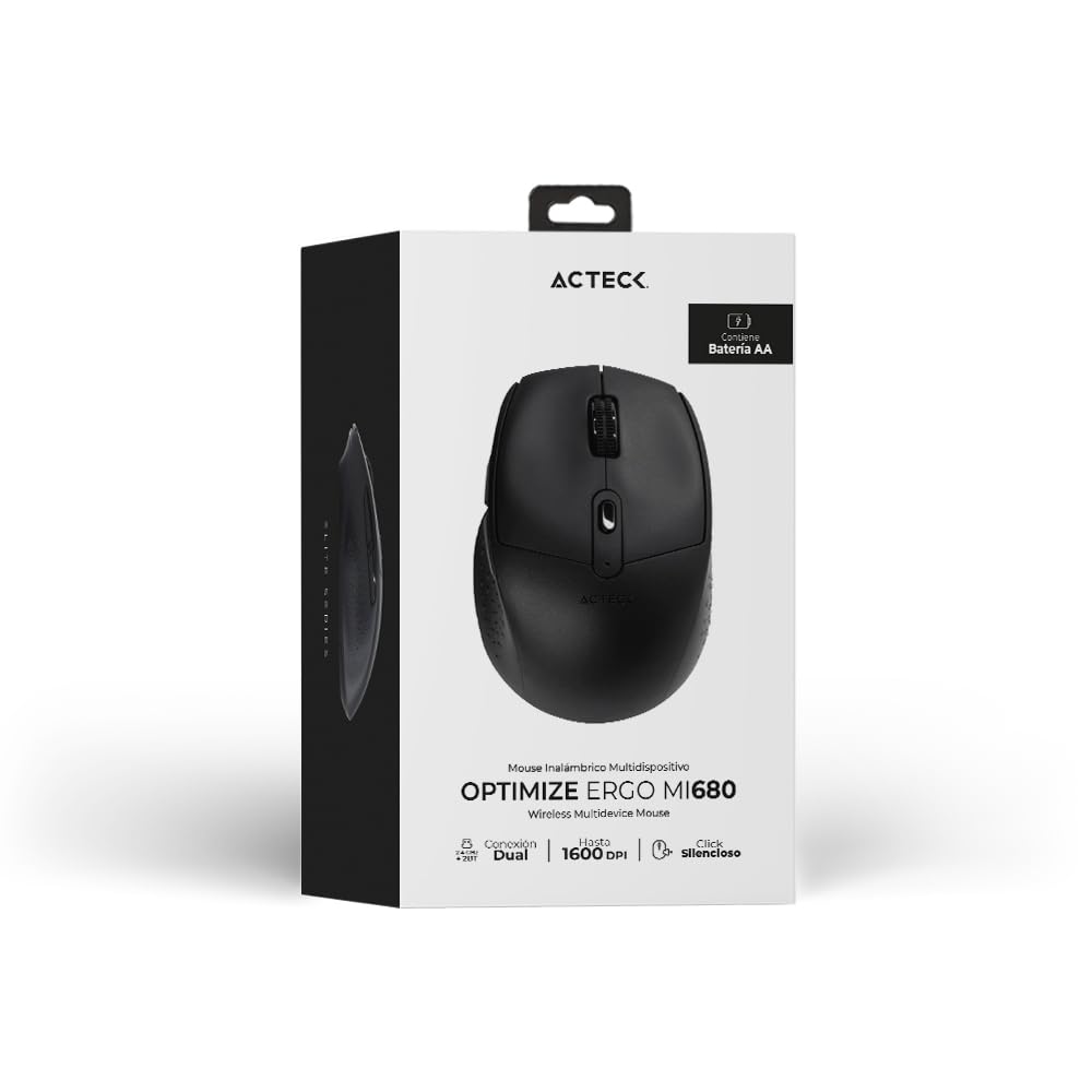 Acteck Optimize Ergo MI680 Mouse Multidispositivo, 2.4 GHz + 2 Modos Bluetooth, hasta 1600 dpi, 6 Botones, Ergonómico, Incluye 1 Batería AA (Negro)