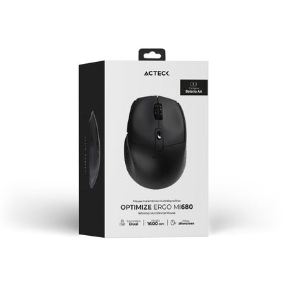 Acteck Optimize Ergo MI680 Mouse Multidispositivo, 2.4 GHz + 2 Modos Bluetooth, hasta 1600 dpi, 6 Botones, Ergonómico, Incluye 1 Batería AA (Negro)