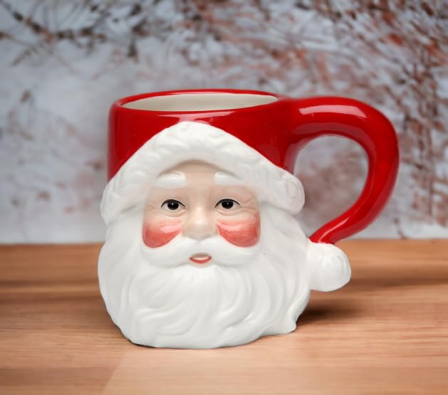 Juego de 4 tazas de cerámica de Navidad, diseño clásico de Papá Noel, color rojo y blanco, tamaño mediano, 14 x 9,9 x 10,4 cm