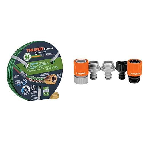 Truper MAN-10X1/2R, Manguera 1/2", reforzada 3 capas, conexiones de metal, 10 m + Truper PR-409, Pistola plástica para riego, 8 funciones