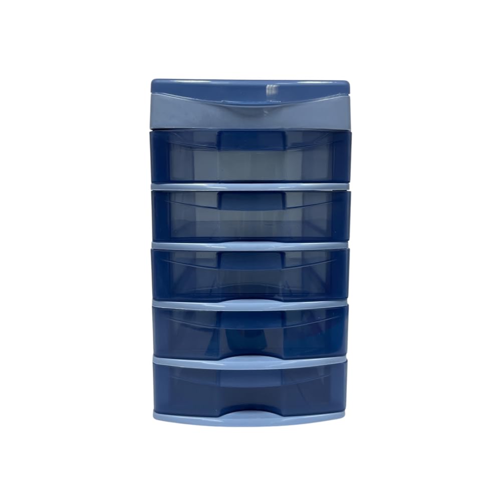 Italhome Cajonera de Plástico Sesia Azul, Mini Organizador de Escritorio Multiusos con 5 Cajones Transparentes