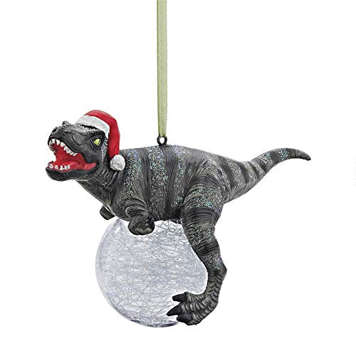Design Toscano Blitzer The T Rex - Adorno para árbol de Navidad, 5 Pulgadas de Largo, Resina de Piedra fundida con Bola de Vidrio, Acabado Verde con Purpurina