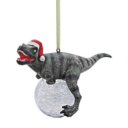Design Toscano Blitzer The T Rex - Adorno para árbol de Navidad, 5 Pulgadas de Largo, Resina de Piedra fundida con Bola de Vidrio, Acabado Verde con Purpurina
