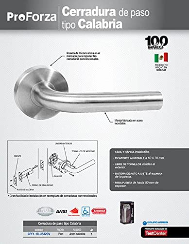 Lock Proforza CPF1-10-US32DV Manija tubular Calabria función de paso, acero inoxidable, visual