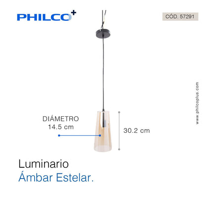 Philco Luminario Ámbar Estelar. Base E26, luminario para ser suspendido, cuerpo de cristal ámbar, cable ajustable, uso interior