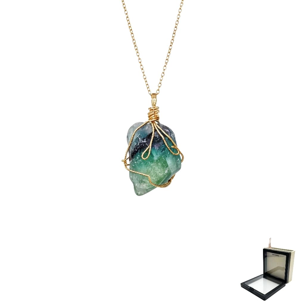 XYPHIELLE Collar de Cristal Fluorita Natural para Mujer, Dije de Piedra Verde Sanadora en Alambre, Joyería Boho de Moda, Regalo de Claridad y Enfoque