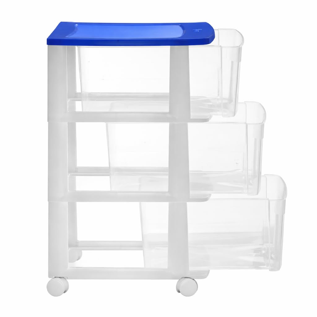 Italhome Cajonera FOX 3 de Plástico con Ruedas 3 Cajones Transparentes, Organizador Multiusos Móvil para Hogar y Oficina, Mueble Ligero Resistente, Color Azul