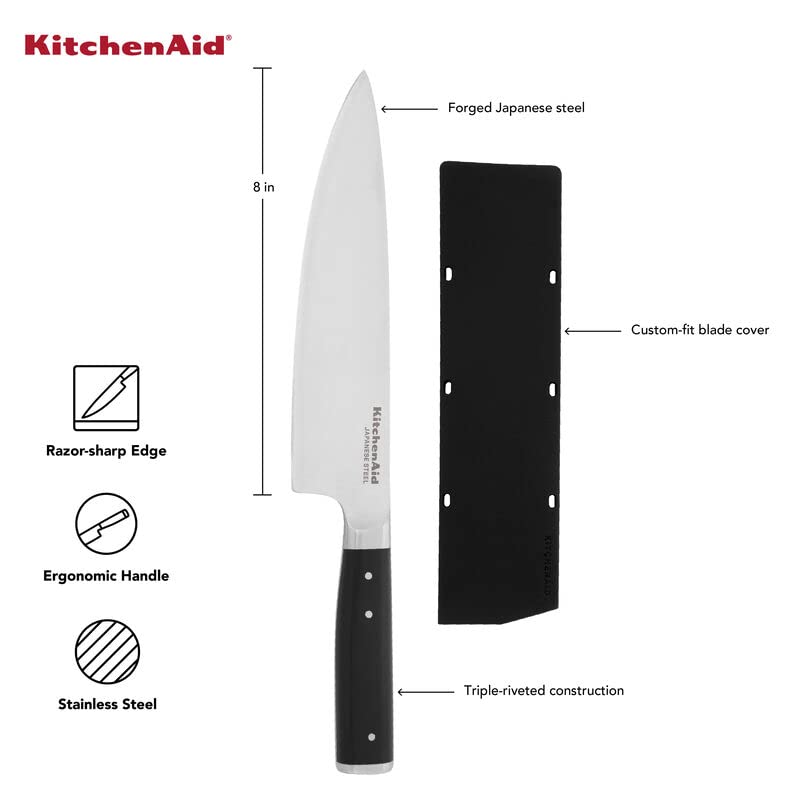 KitchenAid Gourmet - Cuchillo de chef forjado de triple remache con cubierta de hoja de ajuste personalizado, cuchillo de cocina afilado, hoja de acero inoxidable japonés de alto carbono, color negro
