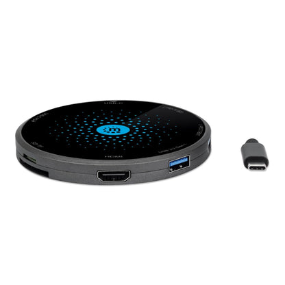 Manhattan 166560 Docking USB-C con Base de Carga inalámbrica, Cable con USB-C Macho a Base Docking con un Puerto HDMI, un Puerto USB-C Hembra PD, 3 Puertos USB-A, Lector de Tarjetas