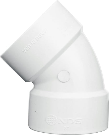 NDS 3P03 - Codo de PVC de 45 Grados, 3 Pulgadas, para Conexiones de Soldadura con solvente Hub X, para Uso con alcantarillado y Tubo de Drenaje de 3 Pulgadas, Color Blanco
