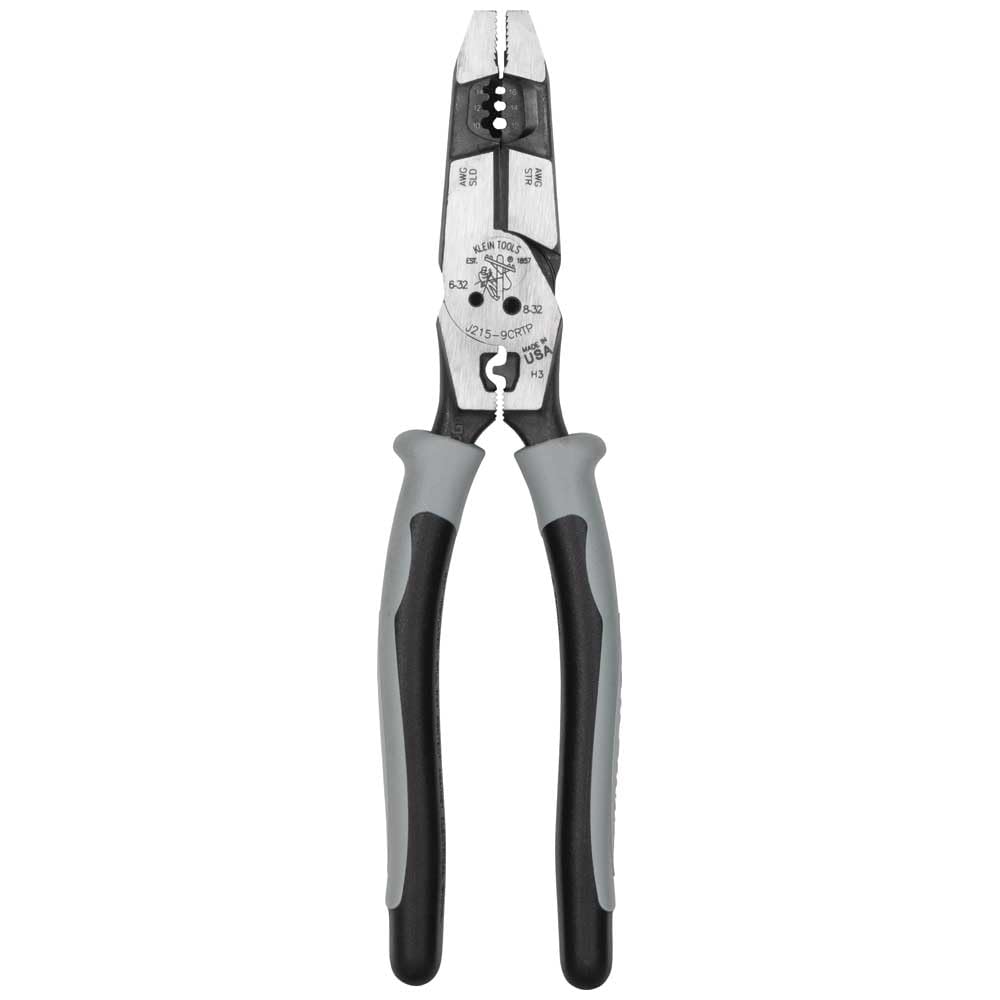 Klein Tools J2159CRTP - Alicates de corte lateral, fabricados en Estados Unidos, alicates híbridos de alto apalancamiento de 9 pulgadas con engarzador, extractor de cinta de pescado y pelacables