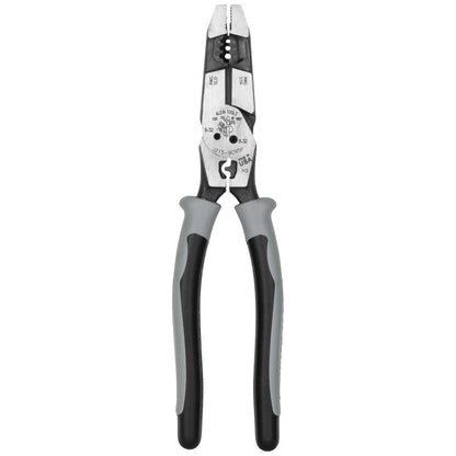 Klein Tools J2159CRTP - Alicates de corte lateral, fabricados en Estados Unidos, alicates híbridos de alto apalancamiento de 9 pulgadas con engarzador, extractor de cinta de pescado y pelacables