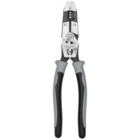 Klein Tools J2159CRTP - Alicates de corte lateral, fabricados en Estados Unidos, alicates híbridos de alto apalancamiento de 9 pulgadas con engarzador, extractor de cinta de pescado y pelacables