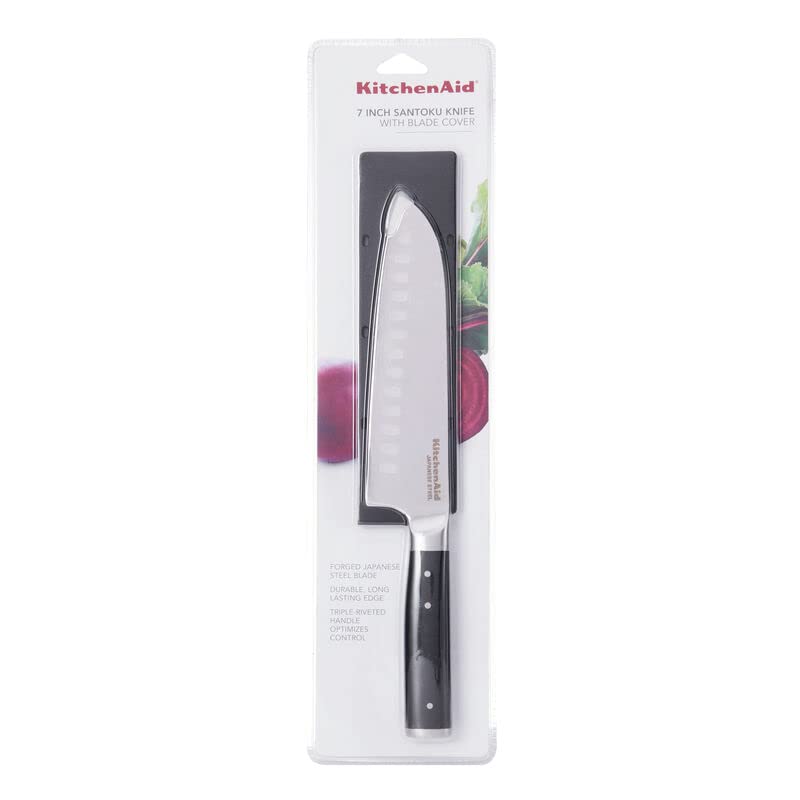 KitchenAid Gourmet - Cuchillo Santoku forjado de triple remache con cubierta de hoja de ajuste personalizado, cuchillo de cocina afilado, hoja de acero inoxidable japonés de alto carbono, color negro
