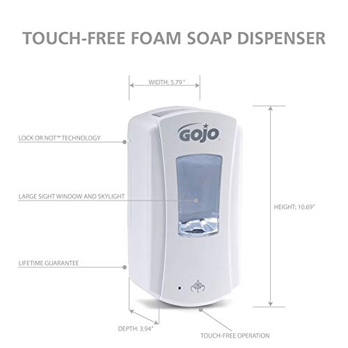 GOJO LTX-12 Dispensador de jabón de espuma sin contacto para repuesto de jabón de manos de 1200 ml GOJO LTX-12, Blanco, blanco, Blanco, 1200 milliliters
