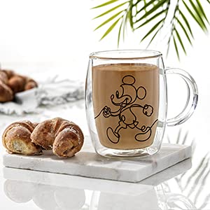 JoyJolt Aroma Disney Mickey Pluto Tazas Vidrio | Juego de 2 tazas, 13 oz, doble pared aisladas, vidrio borosilicato