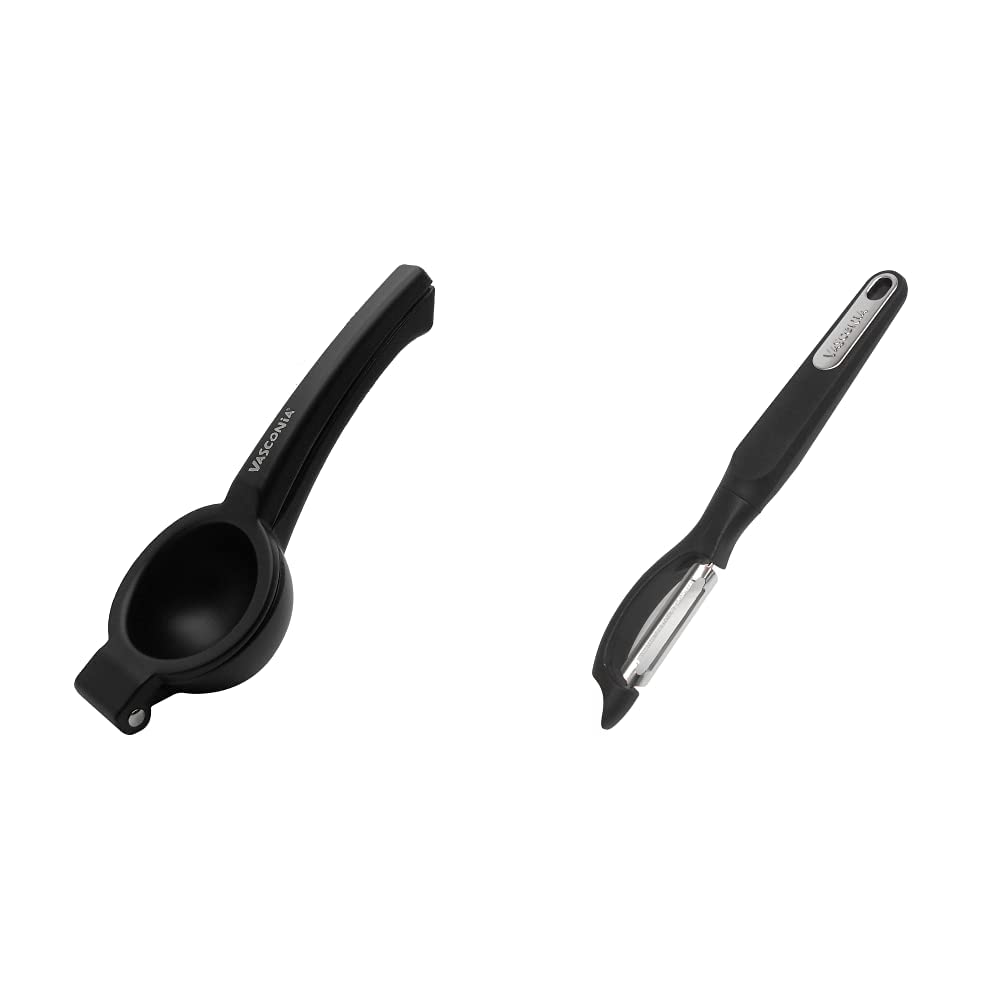 Vasconia - Exprimidor Grande de Limones Básicos Color Negro, Hecho de Aluminio Anodizado de Gran Resistencia + 4027693 Pelador en D de Frutas y Verduras, Negro, One Size