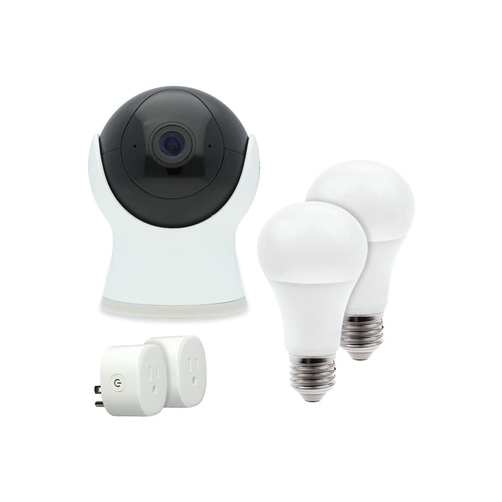 Tecnolite Connect - Kit de Control Básico que Contiene 1 Cámara de Monitoreo Interior, 2 Focos LED Inteligentes, 2 Enchufes Inteligentes, Todos en Color Blanco Compatible con App. Iluminación Interior