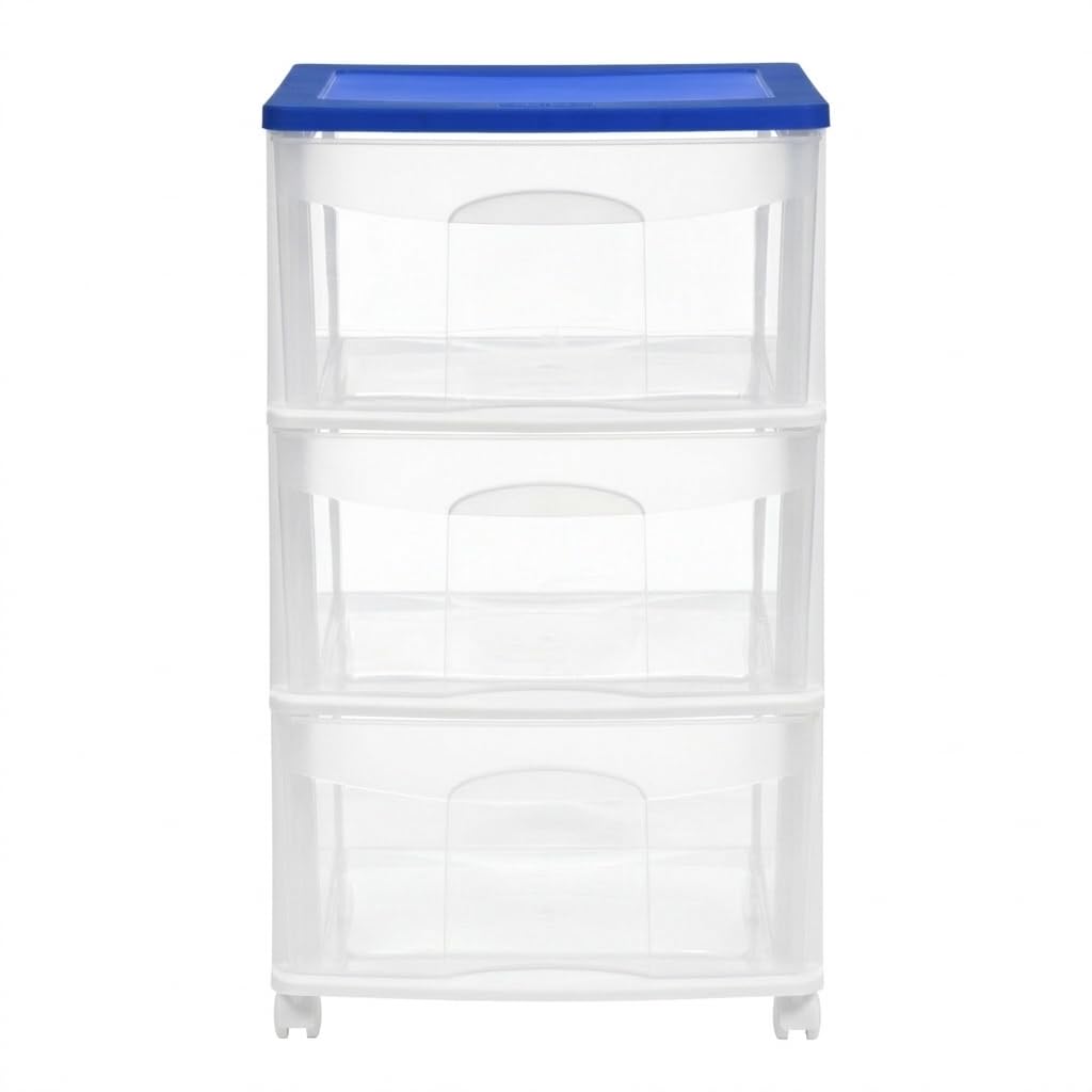 Italhome Cajonera FOX 3 de Plástico con Ruedas 3 Cajones Transparentes, Organizador Multiusos Móvil para Hogar y Oficina, Mueble Ligero Resistente, Color Azul