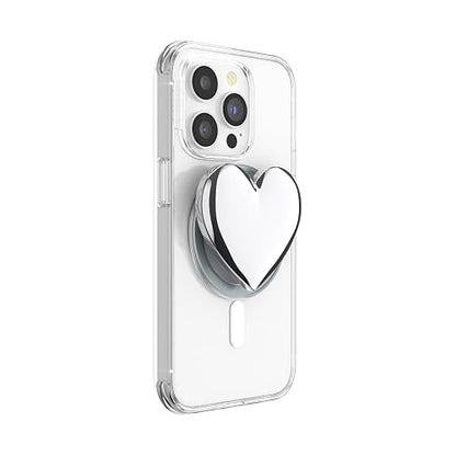 PopSockets - Empuñadura para teléfono MagSafe con Soporte, Soporte magnético, Parte Superior Intercambiable, sujeción Segura para iPhone MagSafe, teléfono y Tablet, corazón Plateado esmaltado