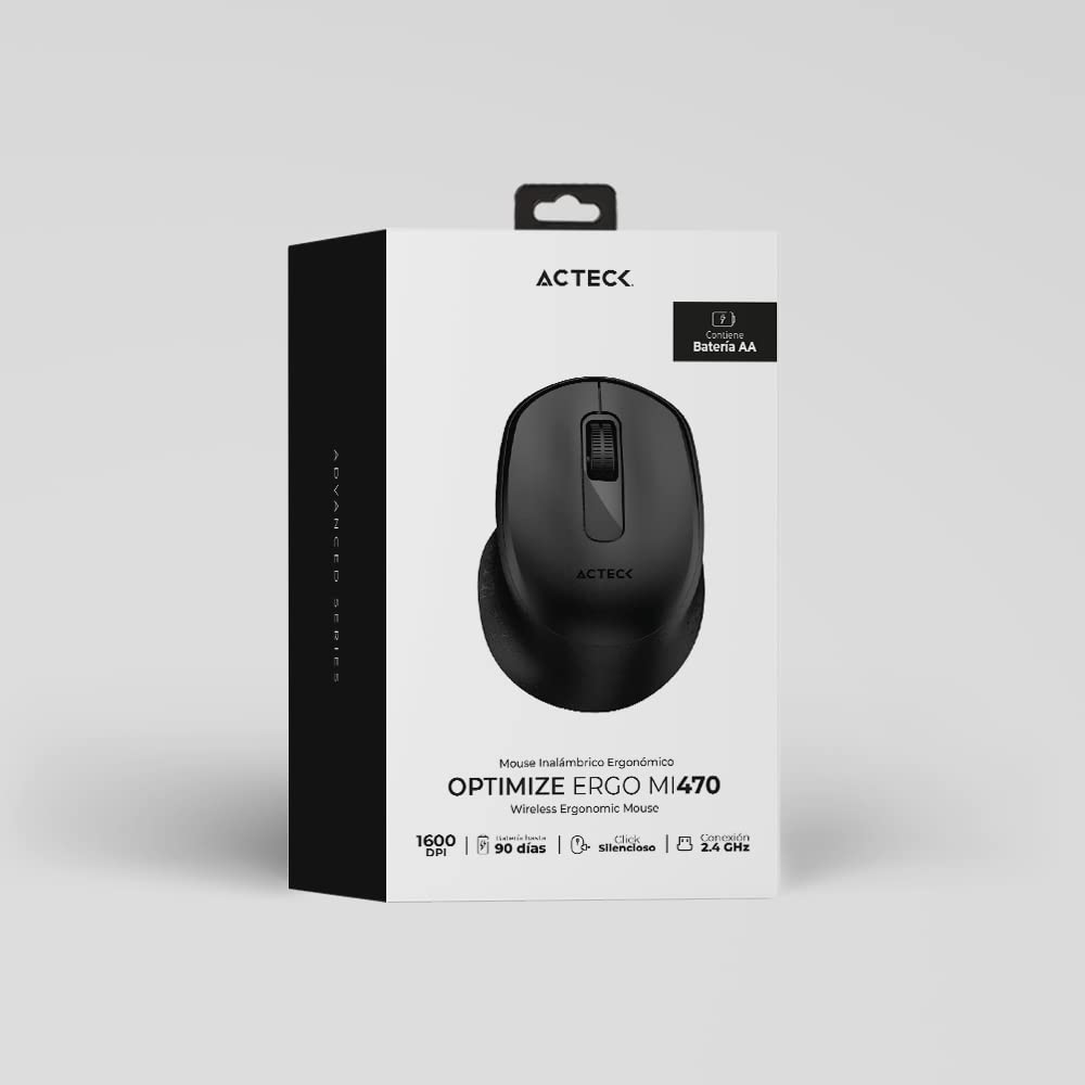 Acteck Mouse Inalambrico 2.4 GHz Optimize Ergo MI470 / Diseño Ergonomico de 1600 dpi s 2 Botones + 1xBat AA Incluida Negro Advanced Series