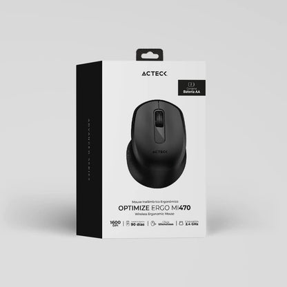 Acteck Mouse Inalambrico 2.4 GHz Optimize Ergo MI470 / Diseño Ergonomico de 1600 dpi s 2 Botones + 1xBat AA Incluida Negro Advanced Series
