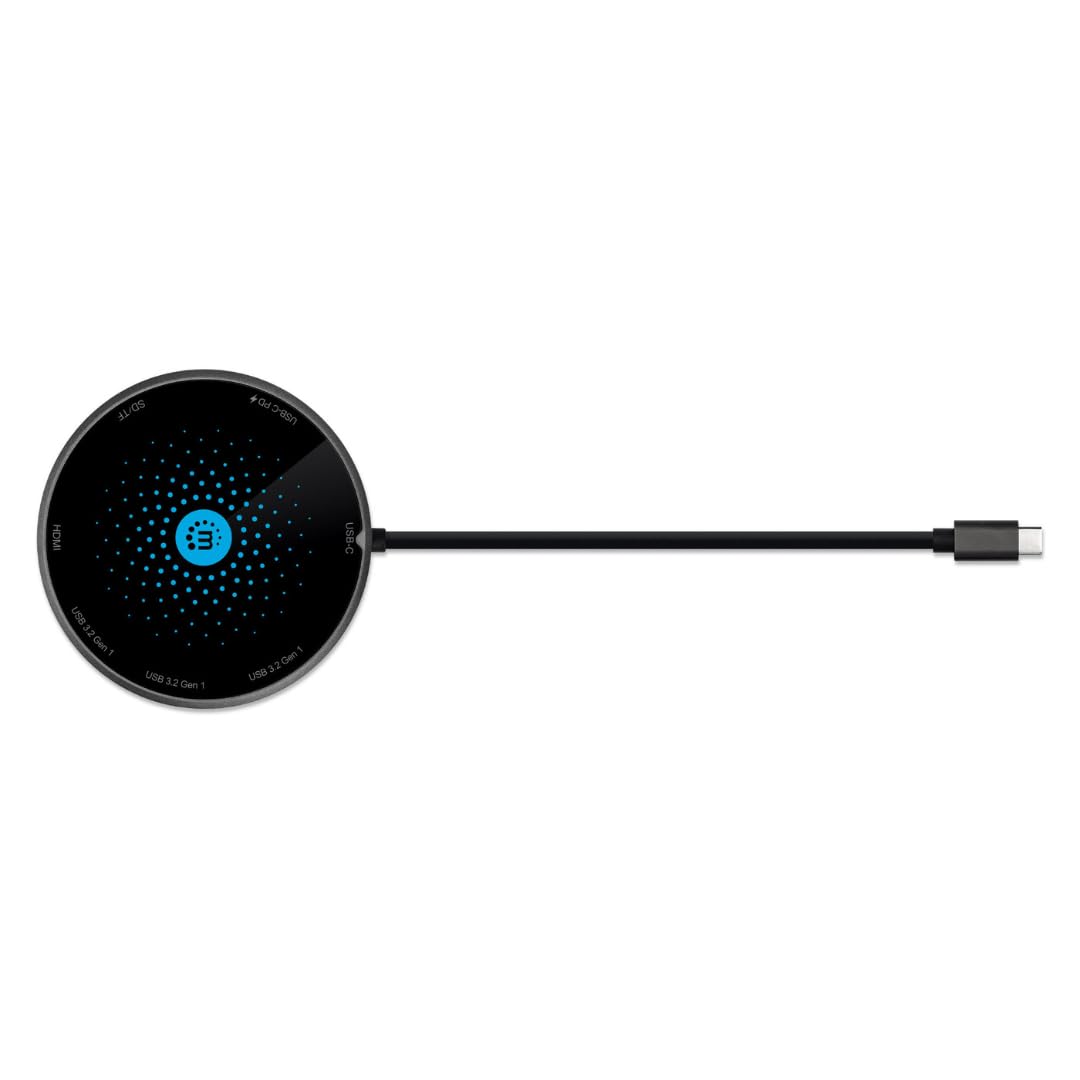 Manhattan 166560 Docking USB-C con Base de Carga inalámbrica, Cable con USB-C Macho a Base Docking con un Puerto HDMI, un Puerto USB-C Hembra PD, 3 Puertos USB-A, Lector de Tarjetas