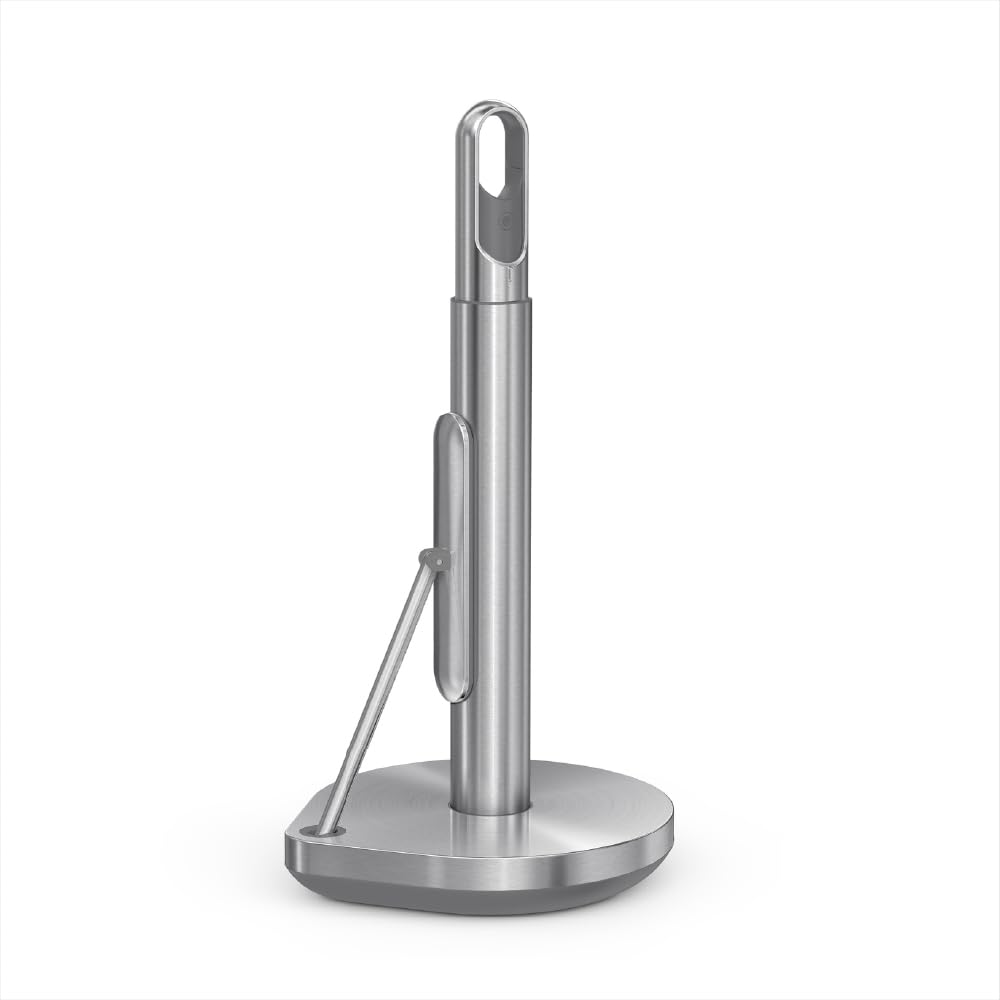 simplehuman Porta Toallas de Papel con Aspersor, Acero Inoxidable Cepillado | Dispensador Todo en Uno de Toallas de Papel y Limpiador, Bomba Rellenable de 6 oz, Corte con Una Sola Mano y Base con Peso