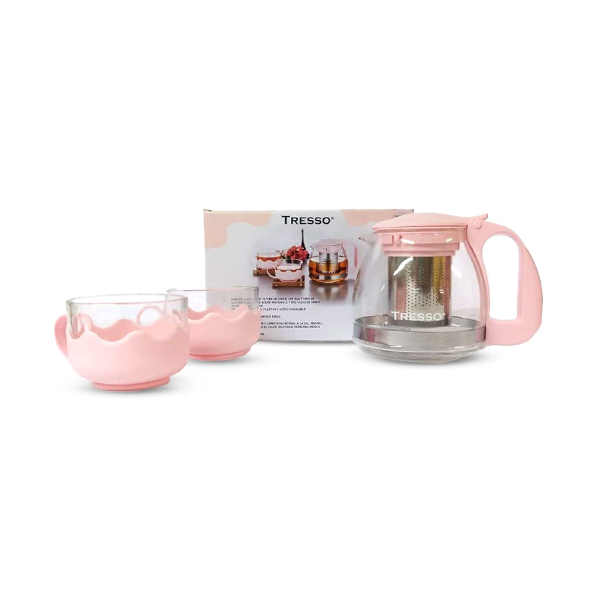 TRESSO Set de tetera de cristal de 700ml con 2 tazas de 150ml cada una, Color Rosa
