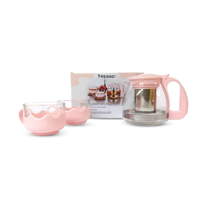 TRESSO Set de tetera de cristal de 700ml con 2 tazas de 150ml cada una, Color Rosa