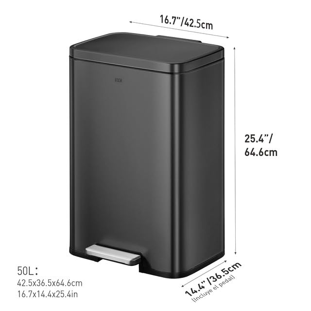 EKO Madison Bote de Basura para Cocina 50 L con Pedal Negro Mate | 50 litros, acabado negro mate, antihuellas dactilares, pedal resistente, cierre suave