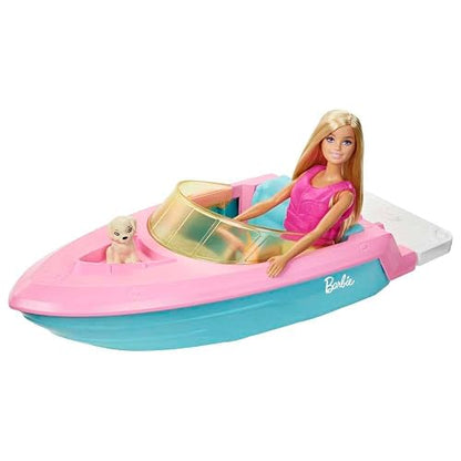 Barbie, Set de Juego Bote Acuático con Muñeca y Perrito, Lancha Flotante con Accesorios Plug-and-Play, para Niñas de 3 Años en Adelante