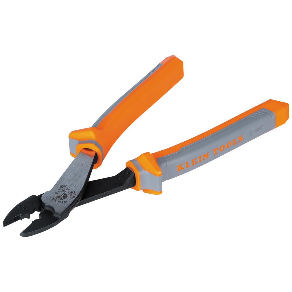 Klein Tools 1005RINS - Alicates aislados, fabricados en Estados Unidos, herramienta de corte y prensado para cables y conectores aislados y no aislados de 10 a 22 AWG, nominal de 1000 V