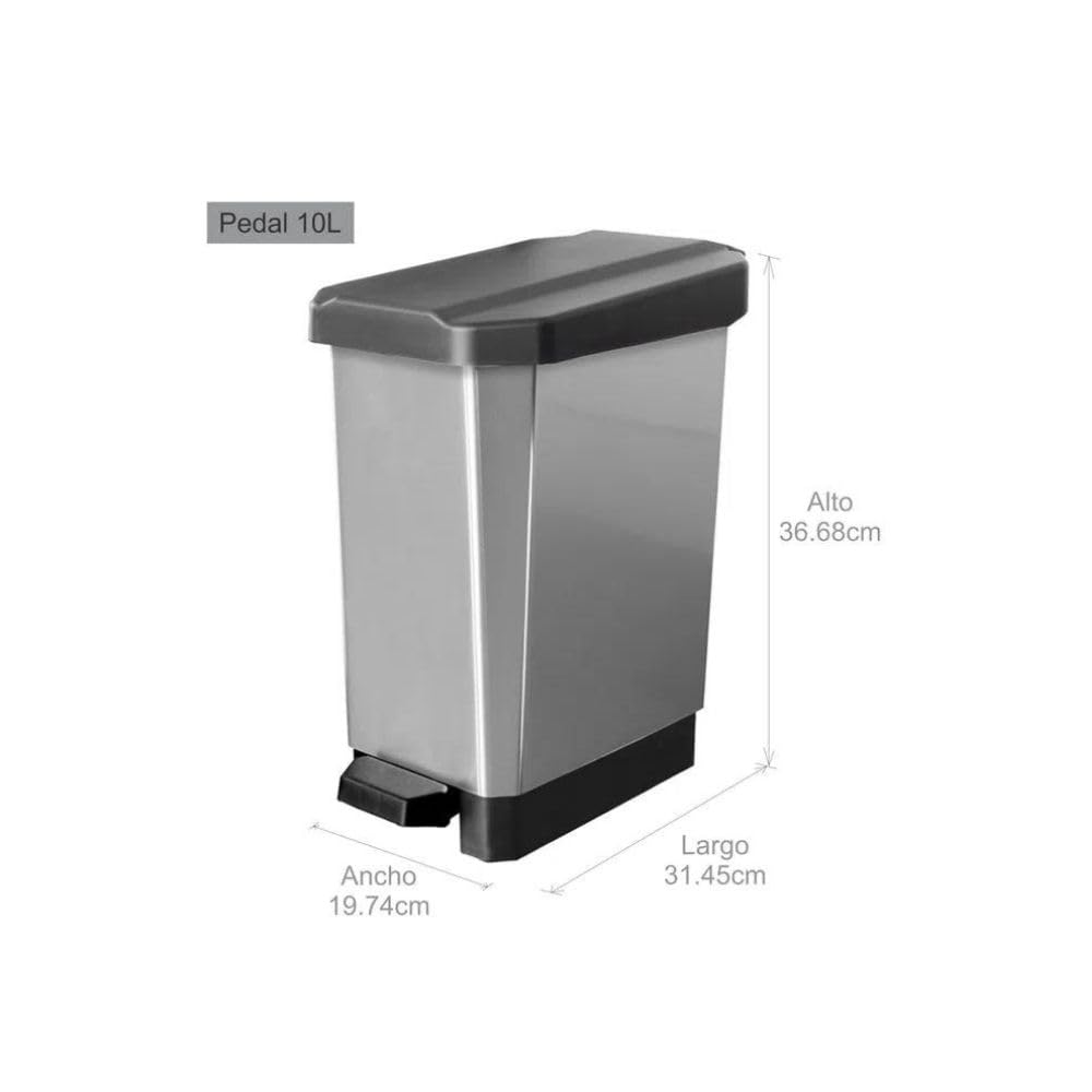 10 L Papelera con Pedal en Plástico IML Negro Metalizado – Compacta, Silenciosa y Antimicrobiana para Baños, Cocinas Pequeñas y Oficinas | Estra