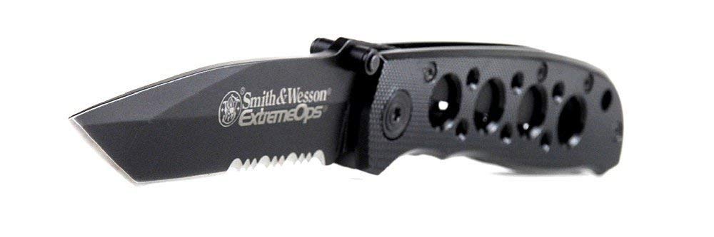 Smith & Wesson CK5TBS Cuchillo Plegable de Alto Carbono de 7.4 Pulgadas con una Hoja Tanto Dentada de 3.2 Pulgadas y Mango de Aluminio para Exteriores, táctico, Supervivencia y EDC