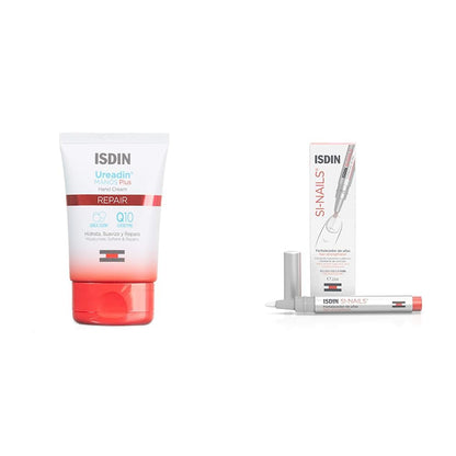 Isdin Crema de manos hidratante Ureadin Manos Plus 50 ml + SI-NAILS Fortalecedor con ácido hialurónico para uñas débiles y dañadas, hidrata también las cutículas, Acabado Invisible, 2.5 ml