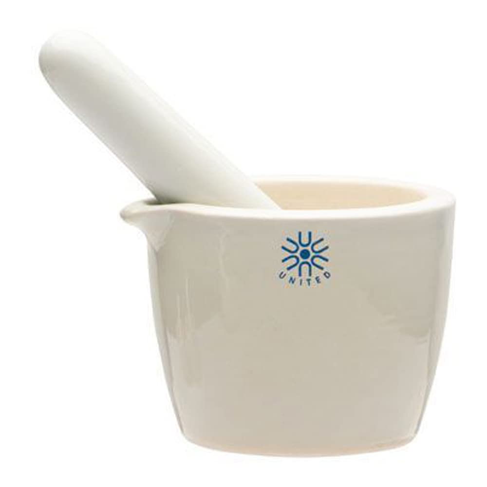 United Scientific™ - Juego de mortero y mortero de cerámica, capacidad de 150 ml, forma profunda con boquilla de vertido, superficie de tazón de molienda sin esmaltar para uso en cocina o laboratorio