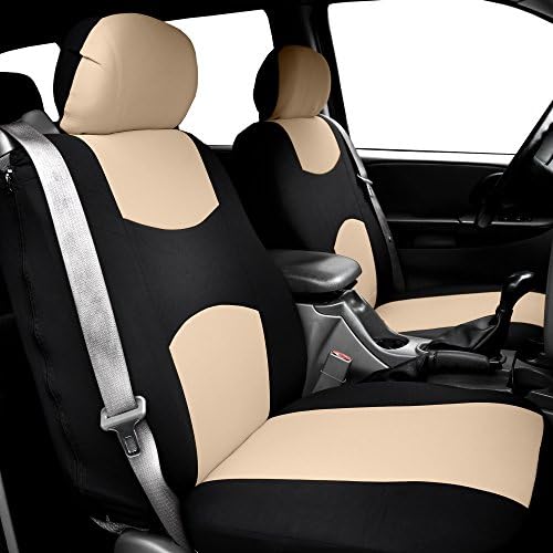 FH GROUP FH-FB351102 Pair Set All Purpose Flat Cloth Built-In Seat Belt Bucket Seat Covers Beige/Black- Fit Most Car, Truck, SUV, or Van