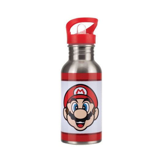 Paladone - Botella de agua Super Mario de metal con popote, producto con licencia oficial