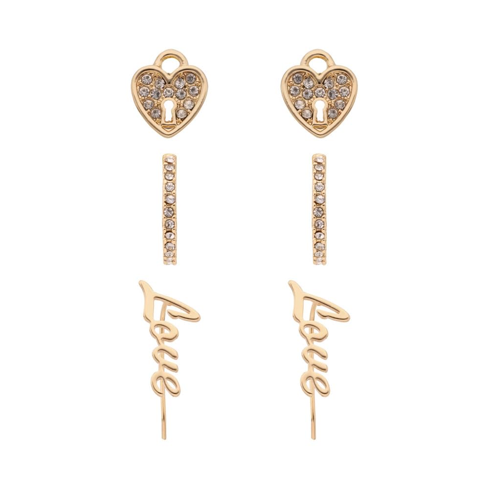 Nine West Set 3 Aretes Color Dorado Love Charms En Forma Varias De Terminado Brillante para Mujer