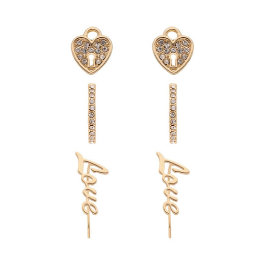 Nine West Set 3 Aretes Color Dorado Love Charms En Forma Varias De Terminado Brillante para Mujer